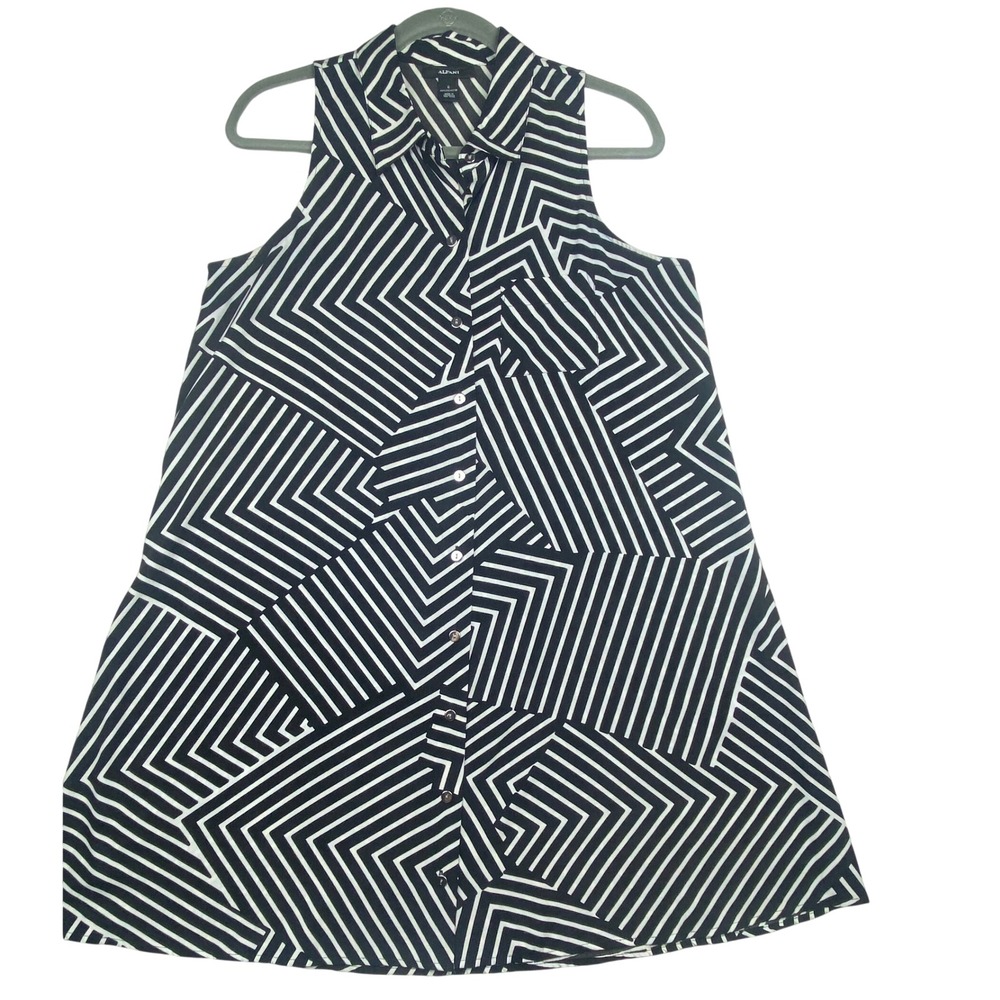 Alfani Womens 6 Black White Geometric Striped Sleeveless Button Front Dress